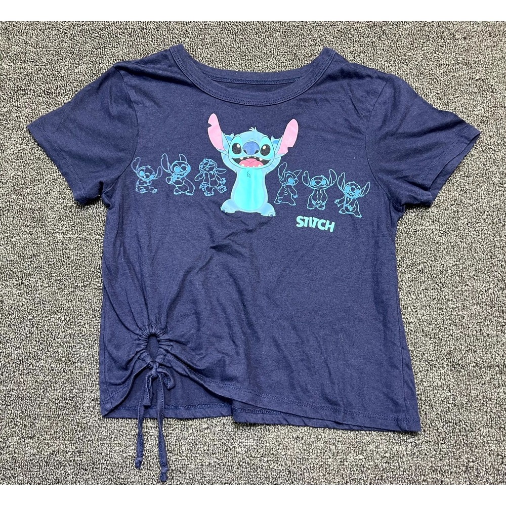Disney T Shirt Womens XS Blue Cotton Stitch Graphic Print Crew Neck Tie Side